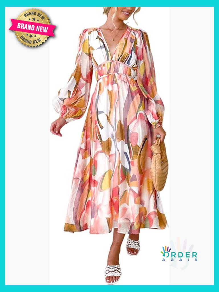 Floral Maxi Dress Long Sleeve V-Neck Summer Wedding Guest A-Line Flowy
